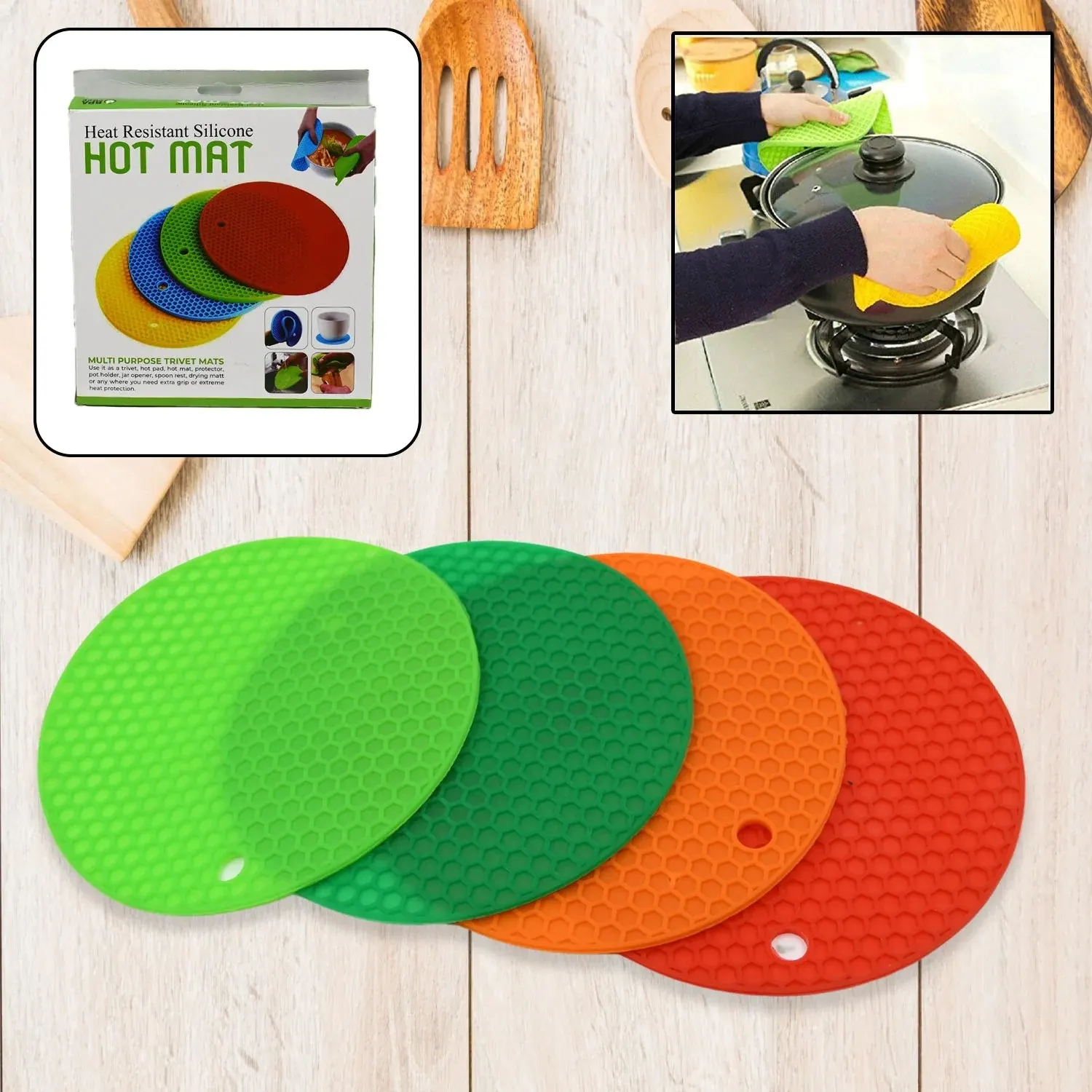 Silicon Hot Pot Mat Set - 4-Piece Heat-Resistant Trivets for Protecting Surfaces