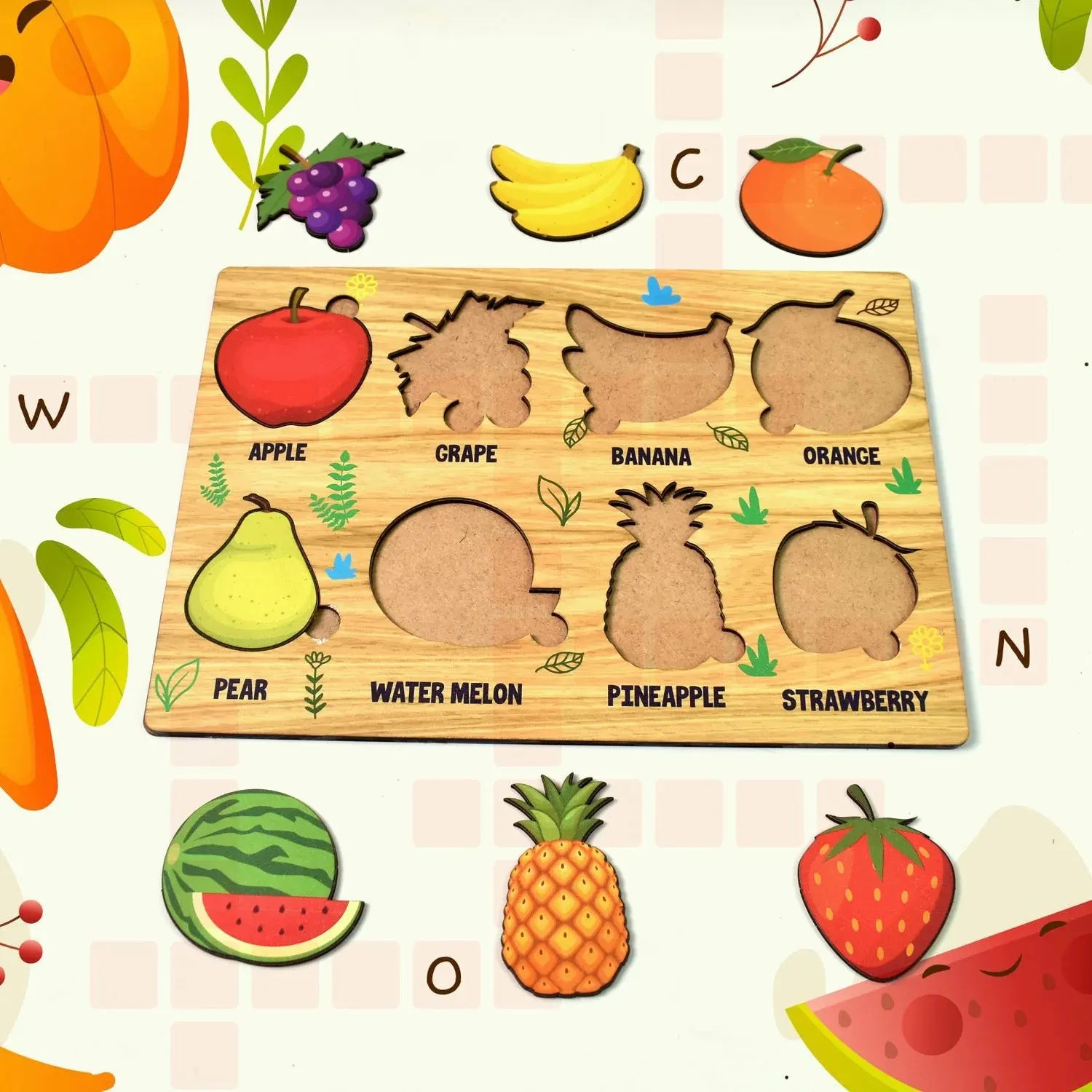 Wooden Fruits Puzzle Learning Educational Board (1 Set / 28Ã—20 Cm)