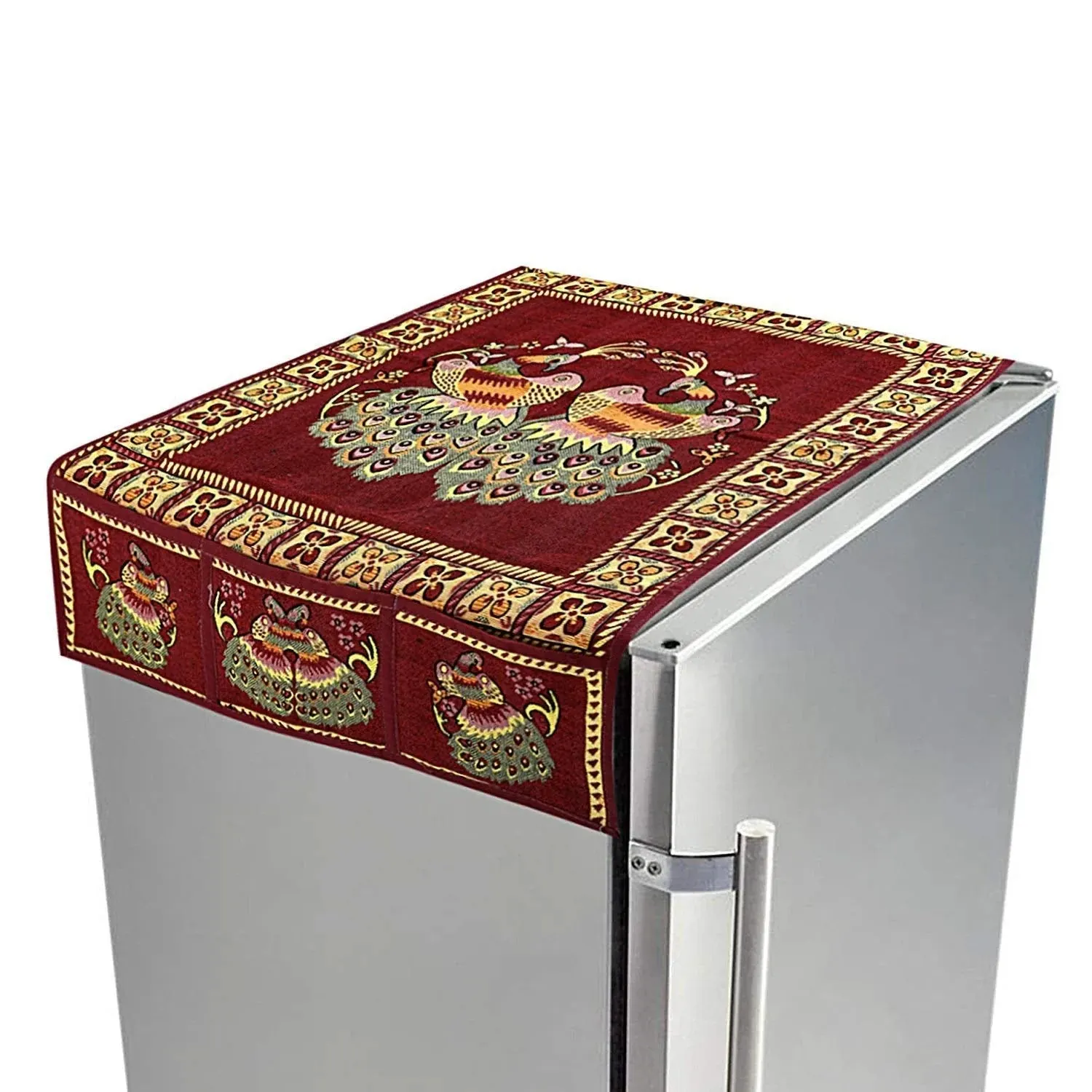 Cotton fridge top cover with side pockets for home decor (100Ã—60 cm)