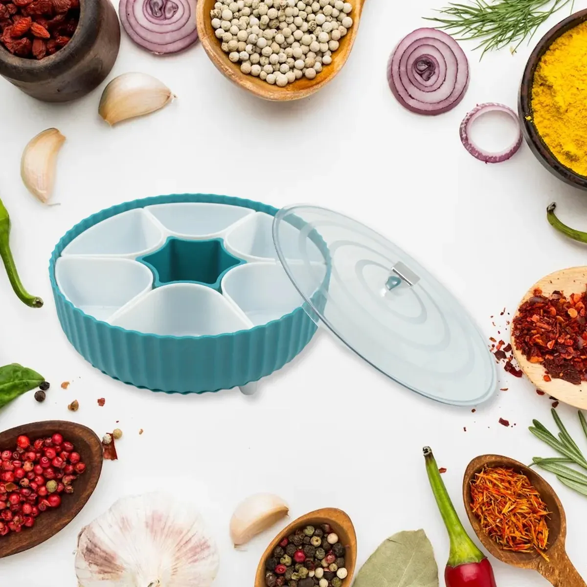 Dry fruit & snack organizer: 360Â° revolving box (7 compartments, airtight)